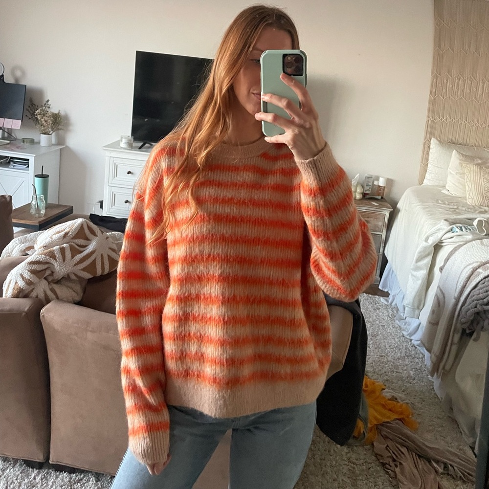 Zara Orange Striped Crew Neck Fuzzy Sweater - Picture 2 of 3